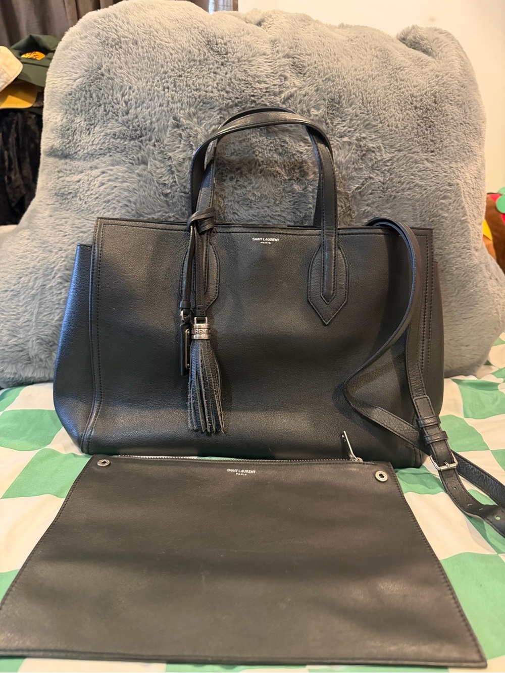 Saint Laurent Black Leather Tote with Tassel Charm